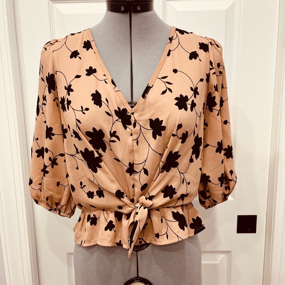 Sienna Sky Orange and Pink Puff Sleeve Peplum Blouse